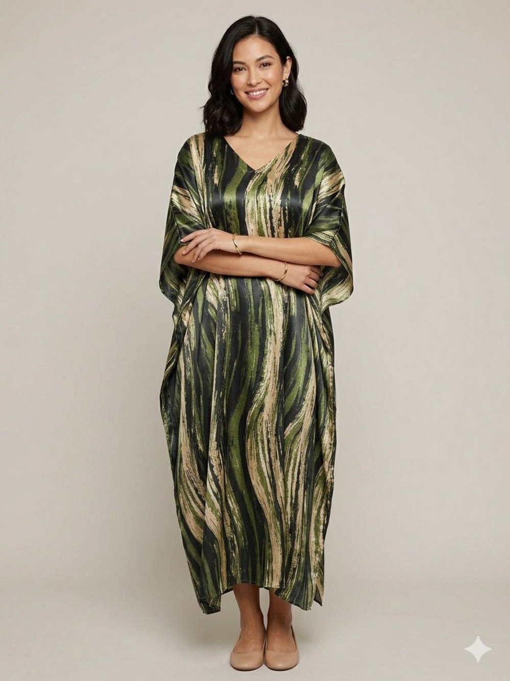 V-Neck Olive and Cream Wave-Print Maxi Dress Caftan Kaftan